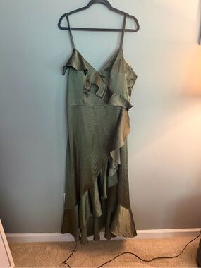 Revelry Olive Satin Ruffle Midi Dress